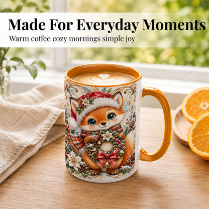 #pl[15oz|Orange] Christmas Fox Coffee Mug, Winter Wreath Bells Mug, Ceramic Cup