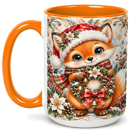 #pl[15oz|Orange] Christmas Fox Coffee Mug, Winter Wreath Bells Mug, Ceramic Cup
