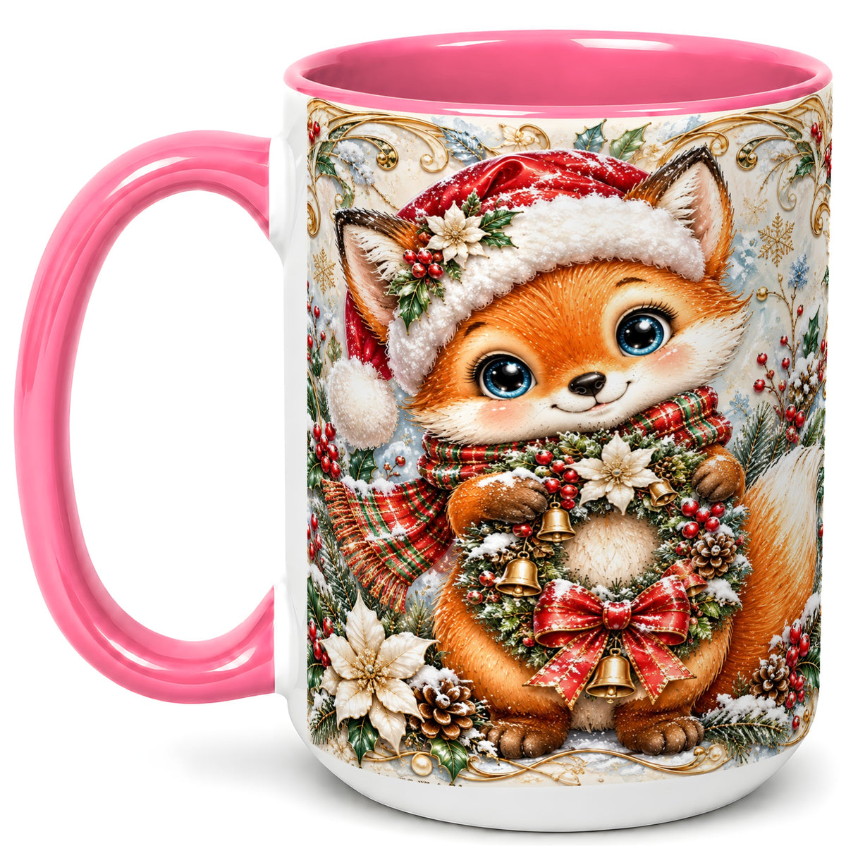 #pl[15oz|Pink] Christmas Fox Coffee Mug, Winter Wreath Bells Mug, Ceramic Cup