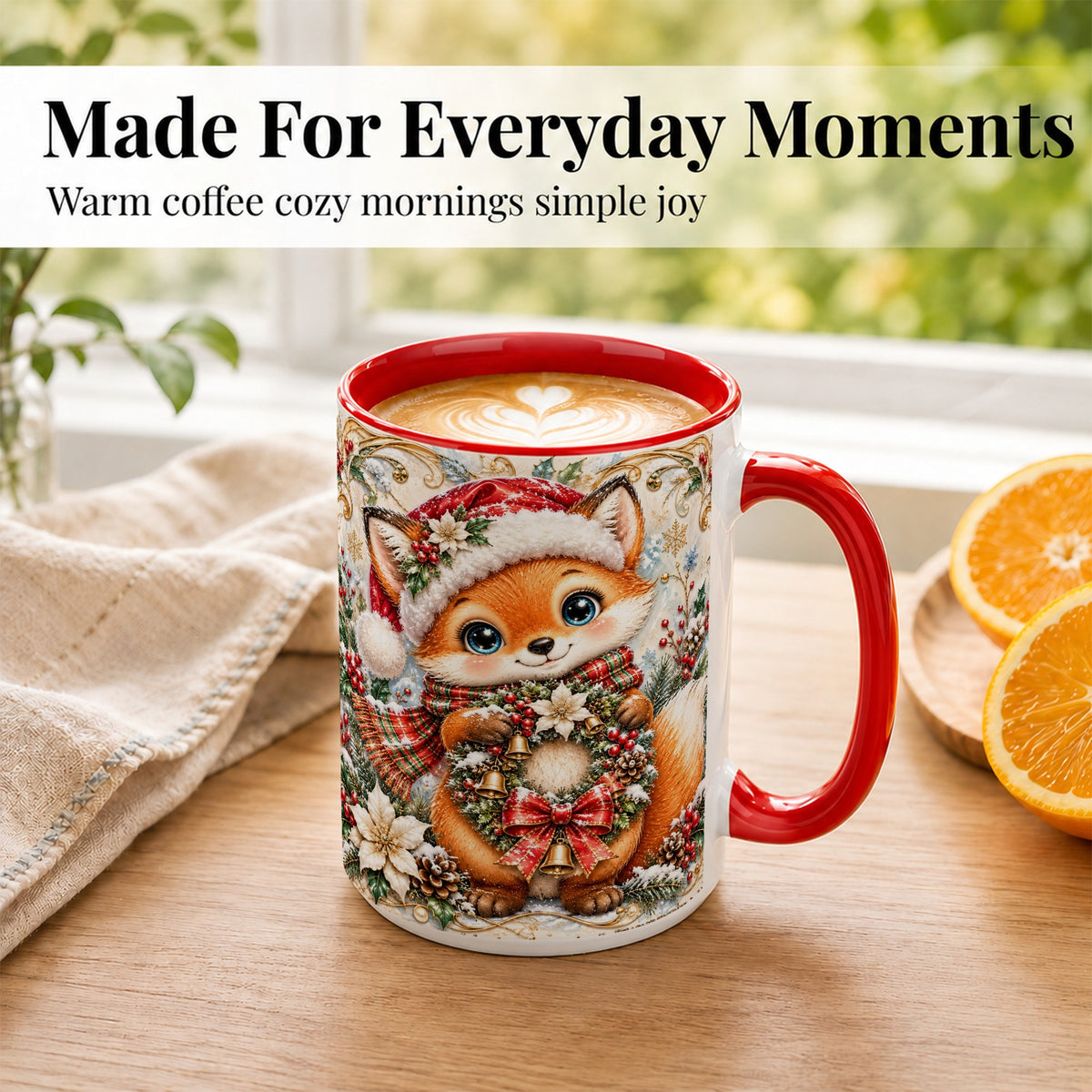 #pl[15oz|Red] Christmas Fox Coffee Mug, Winter Wreath Bells Mug, Ceramic Cup