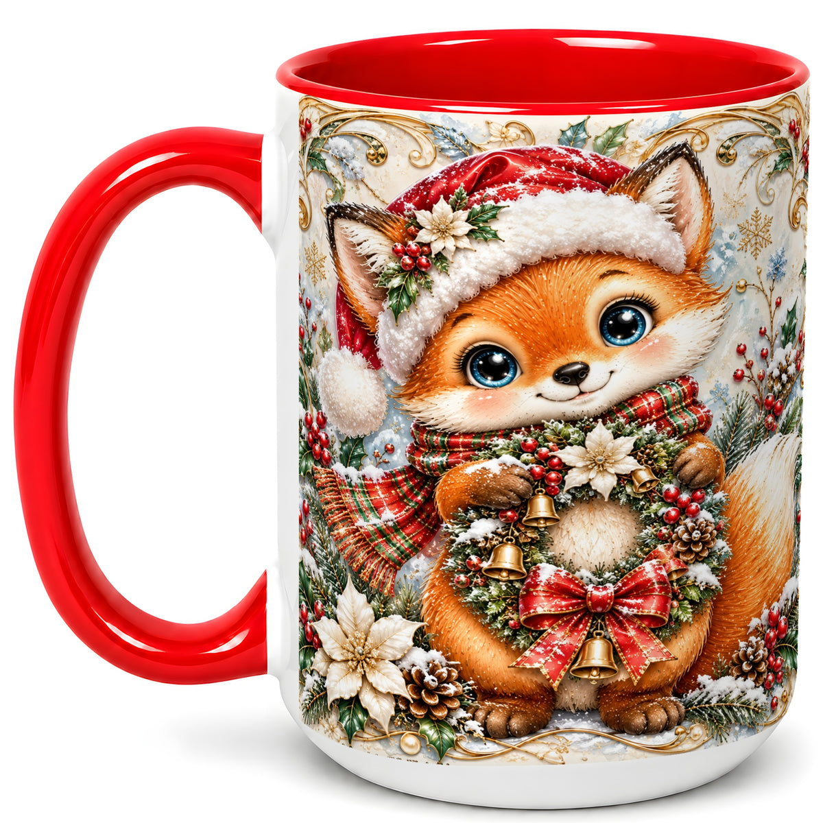 #pl[15oz|Red] Christmas Fox Coffee Mug, Winter Wreath Bells Mug, Ceramic Cup