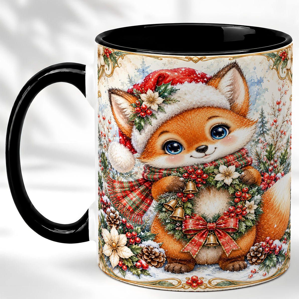 #pl[11oz|Black] Watercolor Christmas Fox Coffee Mug, Winter Wreath Mug, Ceramic Cup