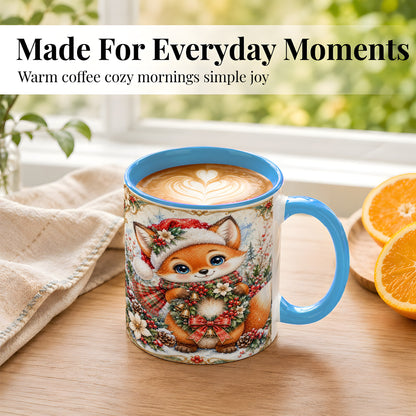 #pl[11oz|Blue] Watercolor Christmas Fox Coffee Mug, Winter Wreath Mug, Ceramic Cup
