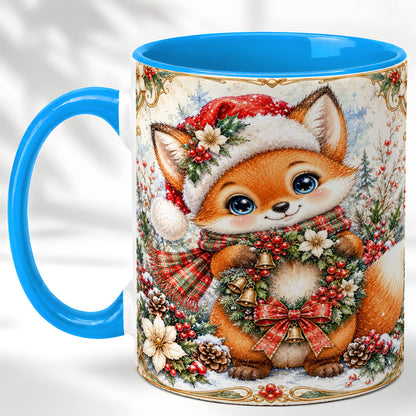 #pl[11oz|Blue] Watercolor Christmas Fox Coffee Mug, Winter Wreath Mug, Ceramic Cup