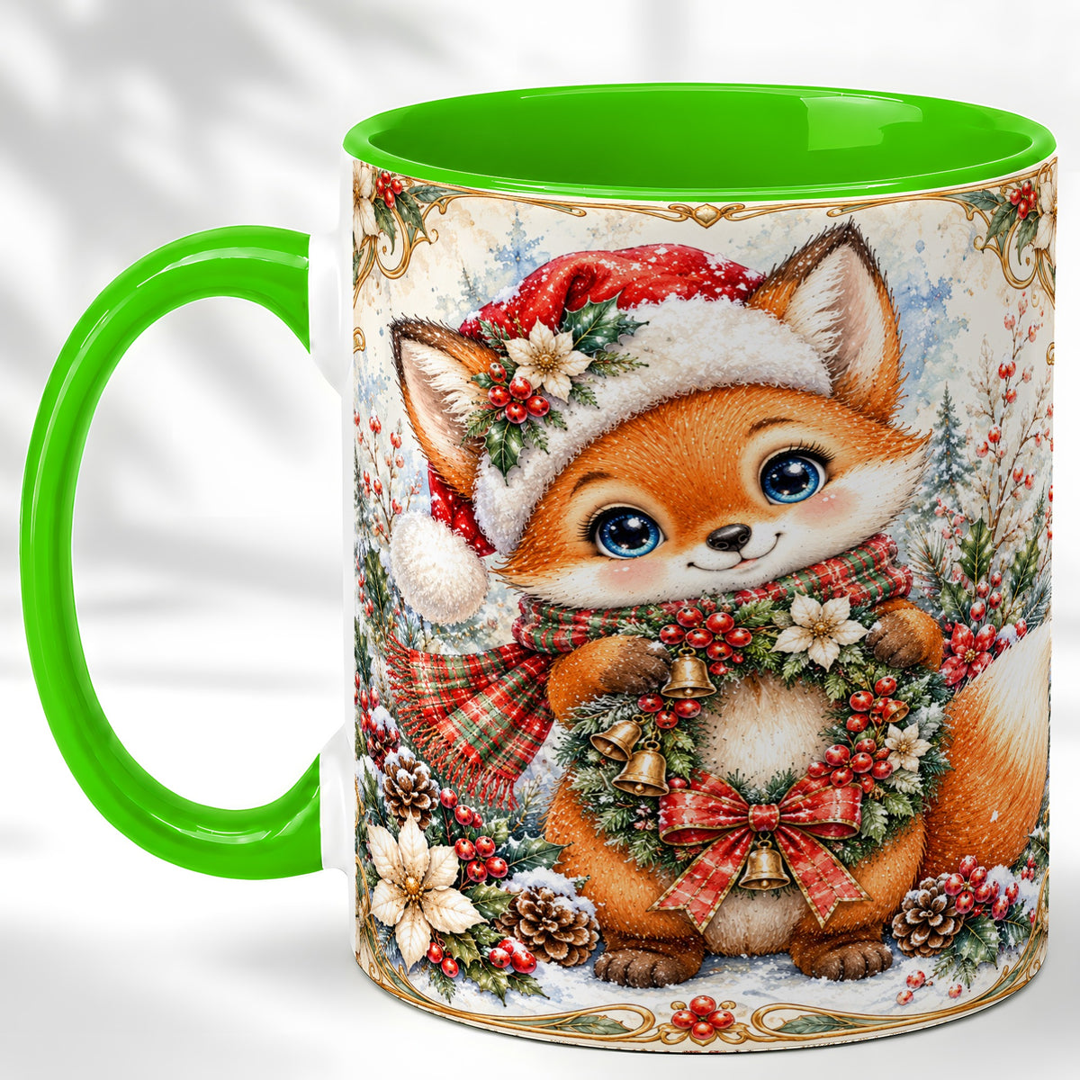 #pl[11oz|Green] Watercolor Christmas Fox Coffee Mug, Winter Wreath Mug, Ceramic Cup