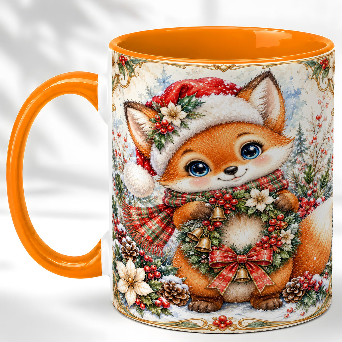 #pl[11oz|Orange] Watercolor Christmas Fox Coffee Mug, Winter Wreath Mug, Ceramic Cup