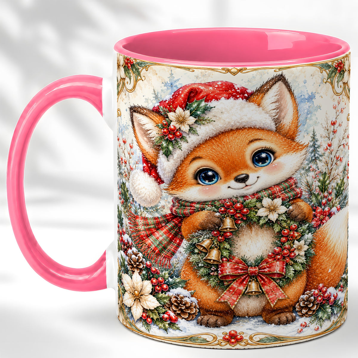 #pl[11oz|Pink] Watercolor Christmas Fox Coffee Mug, Winter Wreath Mug, Ceramic Cup