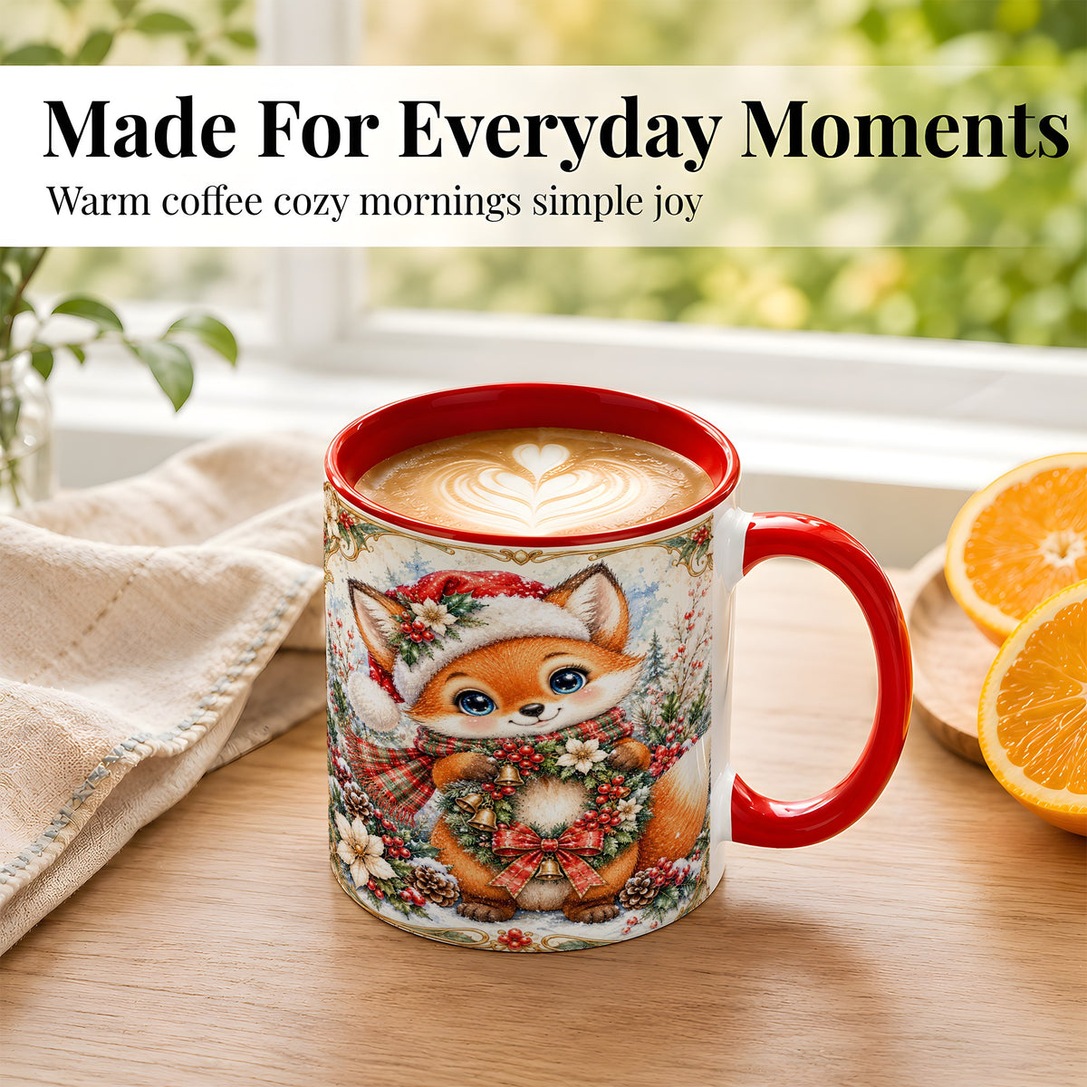 #pl[11oz|Red] Watercolor Christmas Fox Coffee Mug, Winter Wreath Mug, Ceramic Cup