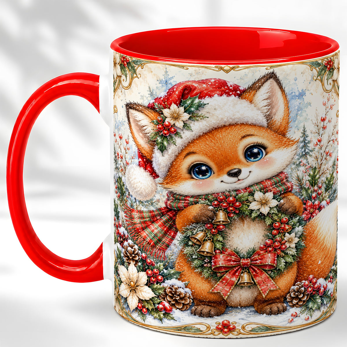 Watercolor Christmas Fox Coffee Mug, Winter Wreath Mug, Ceramic Cup