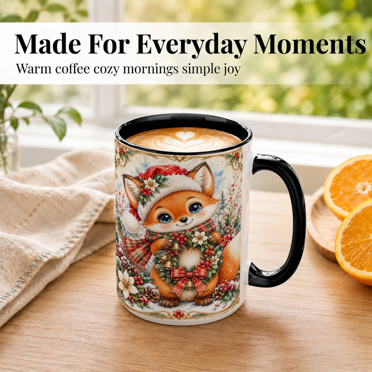 #pl[15oz|Black] Watercolor Christmas Fox Coffee Mug, Winter Wreath Mug, Ceramic Cup
