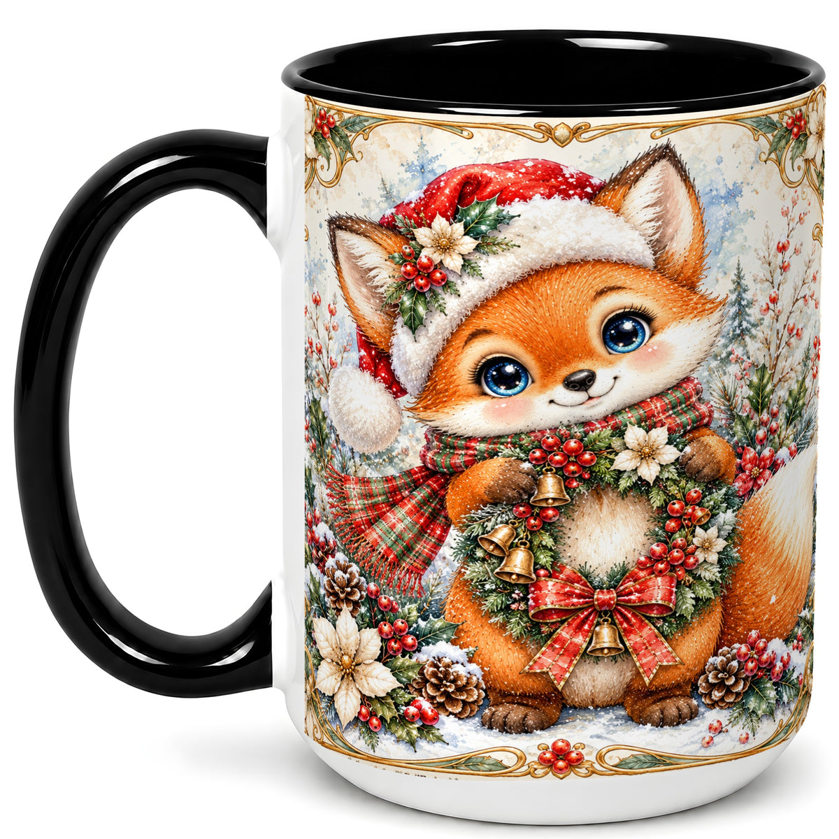 #pl[15oz|Black] Watercolor Christmas Fox Coffee Mug, Winter Wreath Mug, Ceramic Cup