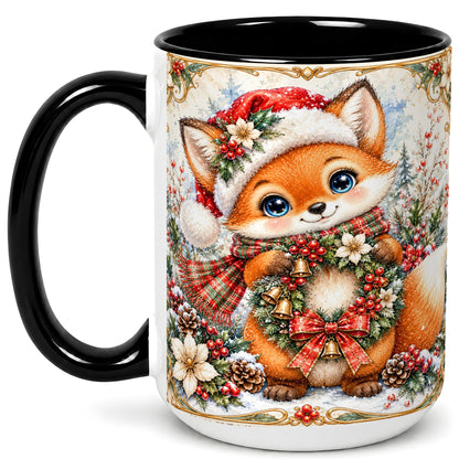 #pl[15oz|Black] Watercolor Christmas Fox Coffee Mug, Winter Wreath Mug, Ceramic Cup