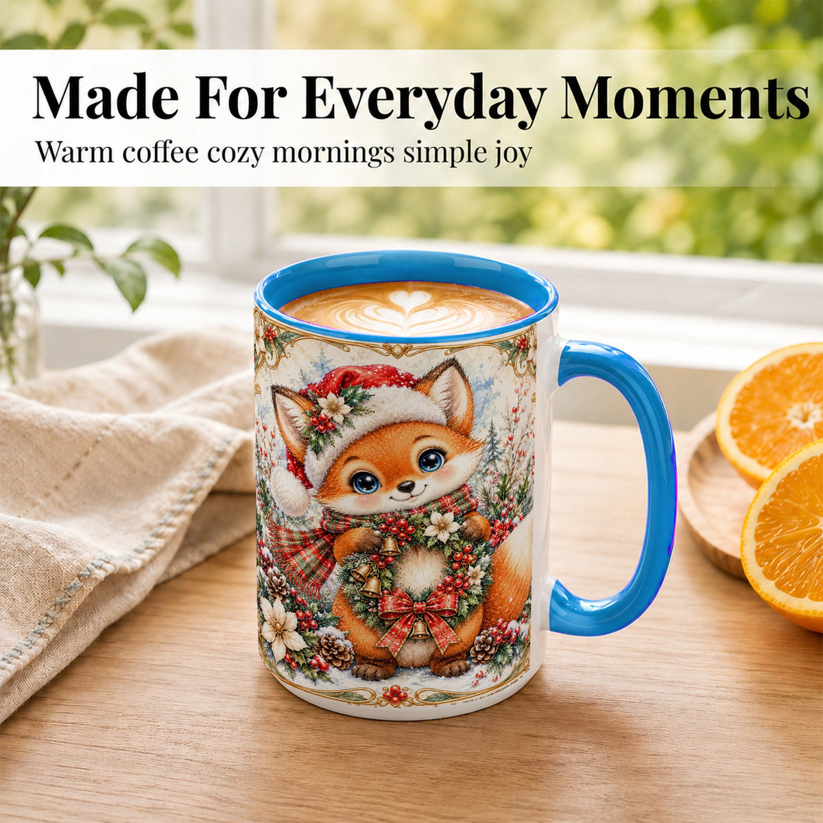#pl[15oz|Blue] Watercolor Christmas Fox Coffee Mug, Winter Wreath Mug, Ceramic Cup