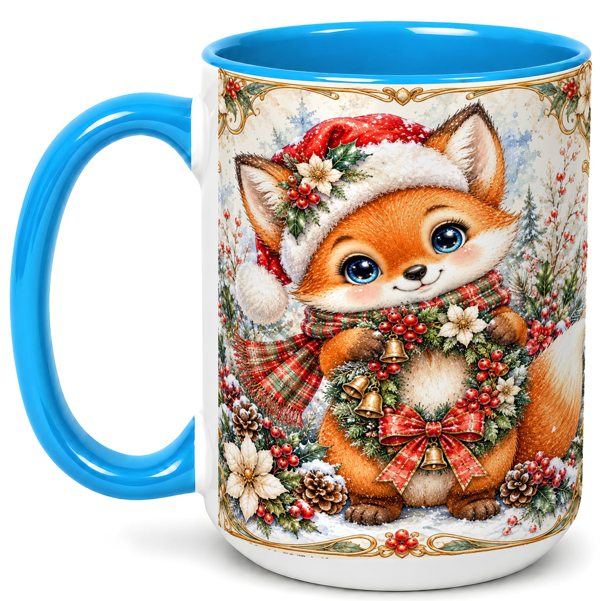 #pl[15oz|Blue] Watercolor Christmas Fox Coffee Mug, Winter Wreath Mug, Ceramic Cup