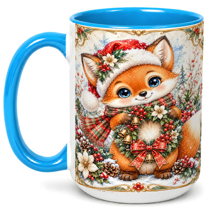 #pl[15oz|Blue] Watercolor Christmas Fox Coffee Mug, Winter Wreath Mug, Ceramic Cup
