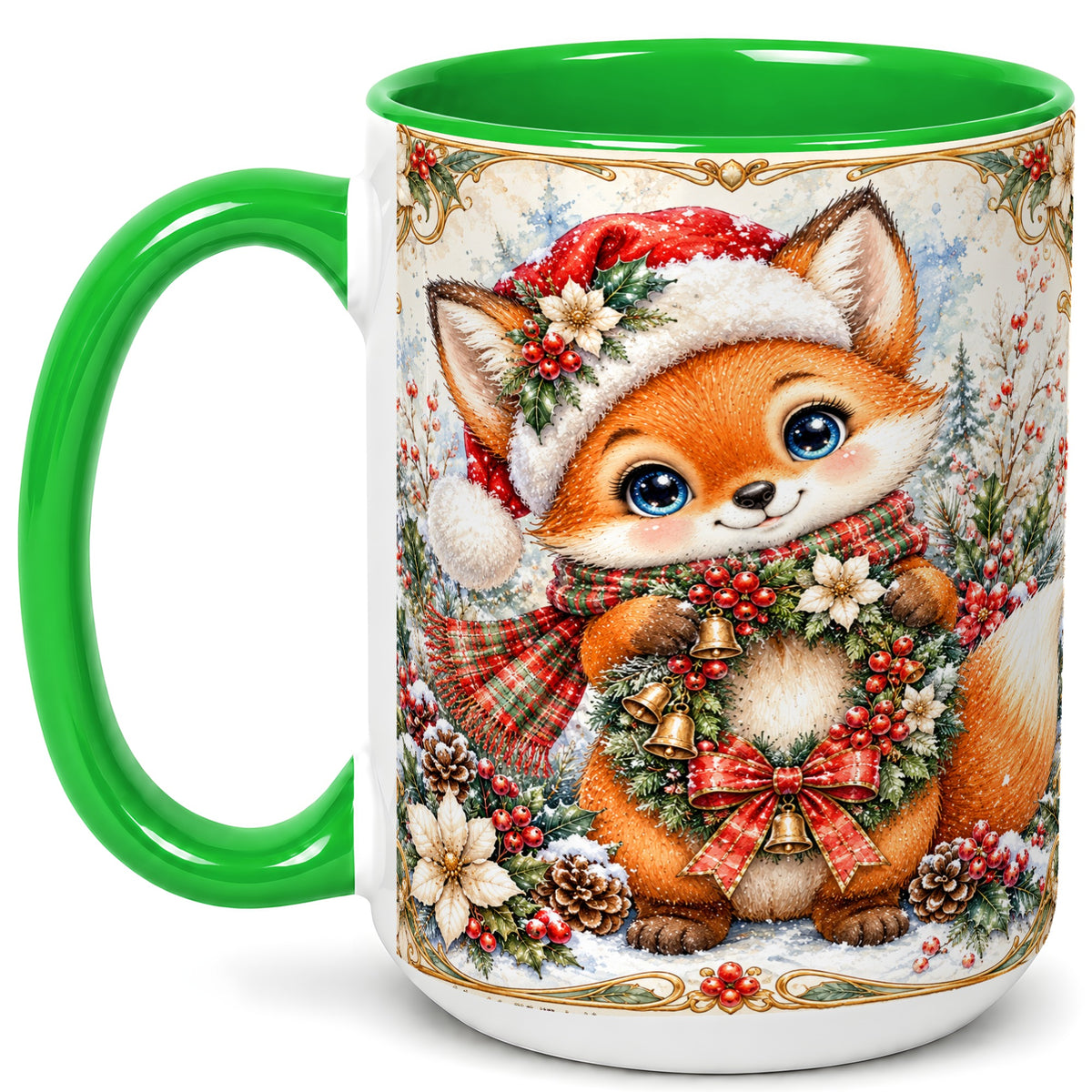 #pl[15oz|Green] Watercolor Christmas Fox Coffee Mug, Winter Wreath Mug, Ceramic Cup