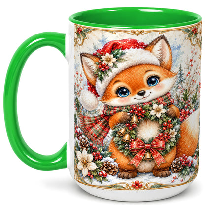 #pl[15oz|Green] Watercolor Christmas Fox Coffee Mug, Winter Wreath Mug, Ceramic Cup
