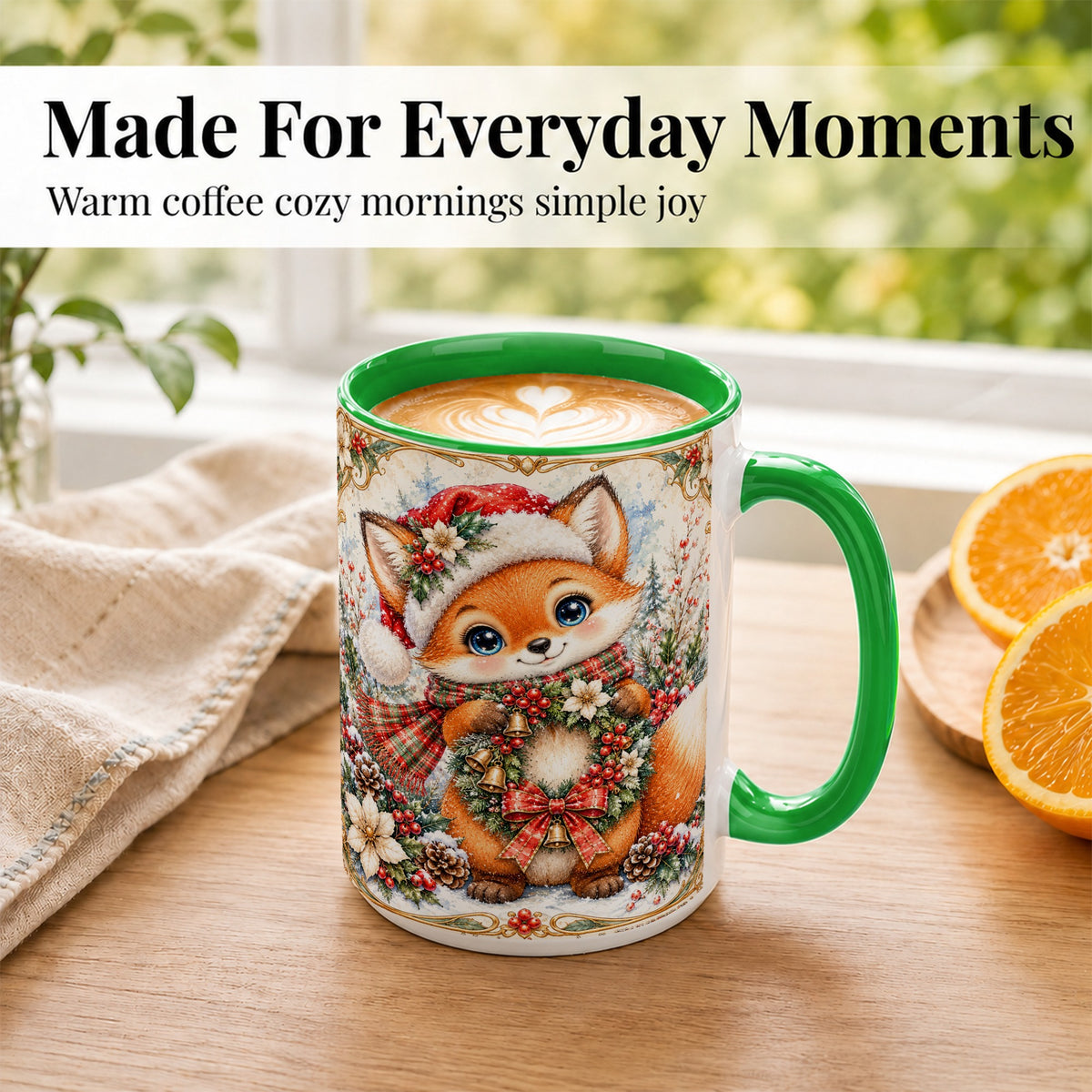 #pl[15oz|Green] Watercolor Christmas Fox Coffee Mug, Winter Wreath Mug, Ceramic Cup