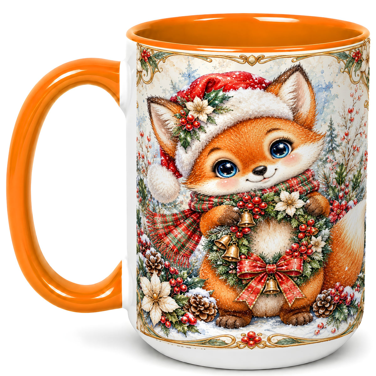#pl[15oz|Orange] Watercolor Christmas Fox Coffee Mug, Winter Wreath Mug, Ceramic Cup