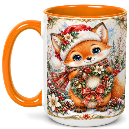 #pl[15oz|Orange] Watercolor Christmas Fox Coffee Mug, Winter Wreath Mug, Ceramic Cup