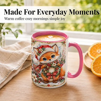 #pl[15oz|Pink] Watercolor Christmas Fox Coffee Mug, Winter Wreath Mug, Ceramic Cup