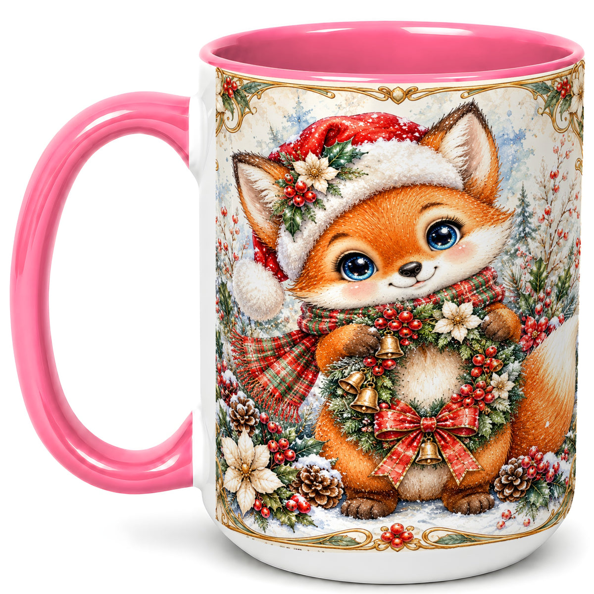 #pl[15oz|Pink] Watercolor Christmas Fox Coffee Mug, Winter Wreath Mug, Ceramic Cup