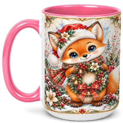 #pl[15oz|Pink] Watercolor Christmas Fox Coffee Mug, Winter Wreath Mug, Ceramic Cup