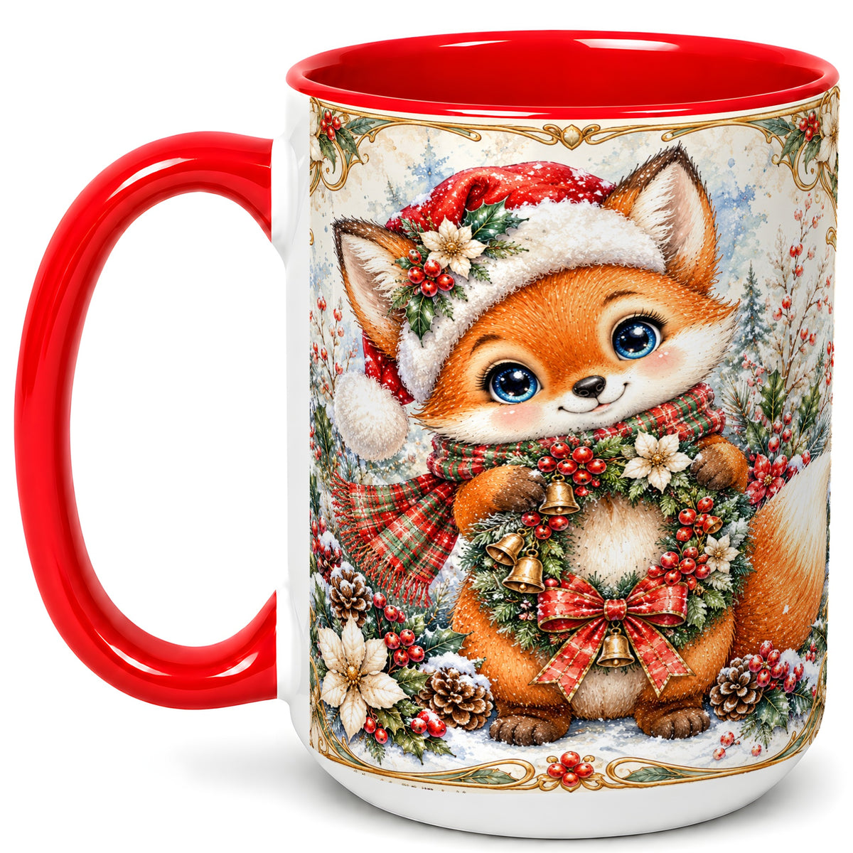 #pl[15oz|Red] Watercolor Christmas Fox Coffee Mug, Winter Wreath Mug, Ceramic Cup