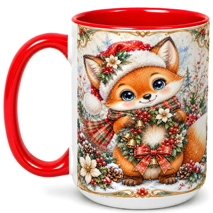 #pl[15oz|Red] Watercolor Christmas Fox Coffee Mug, Winter Wreath Mug, Ceramic Cup