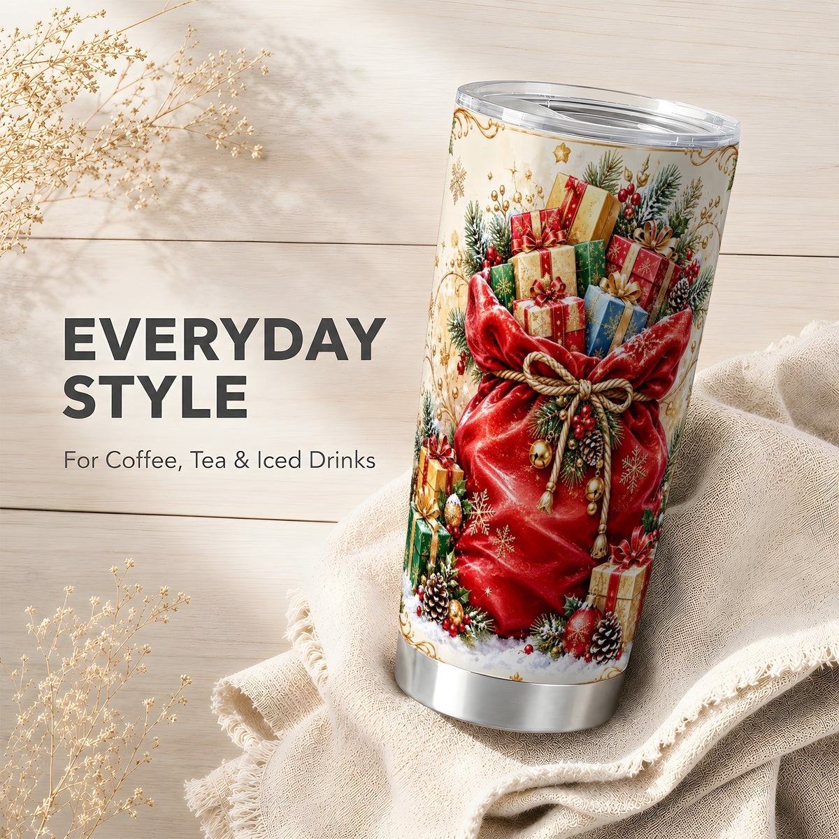 Present Sack Tumbler 20oz, Holiday Tumbler, Stainless Steel Travel Cup
