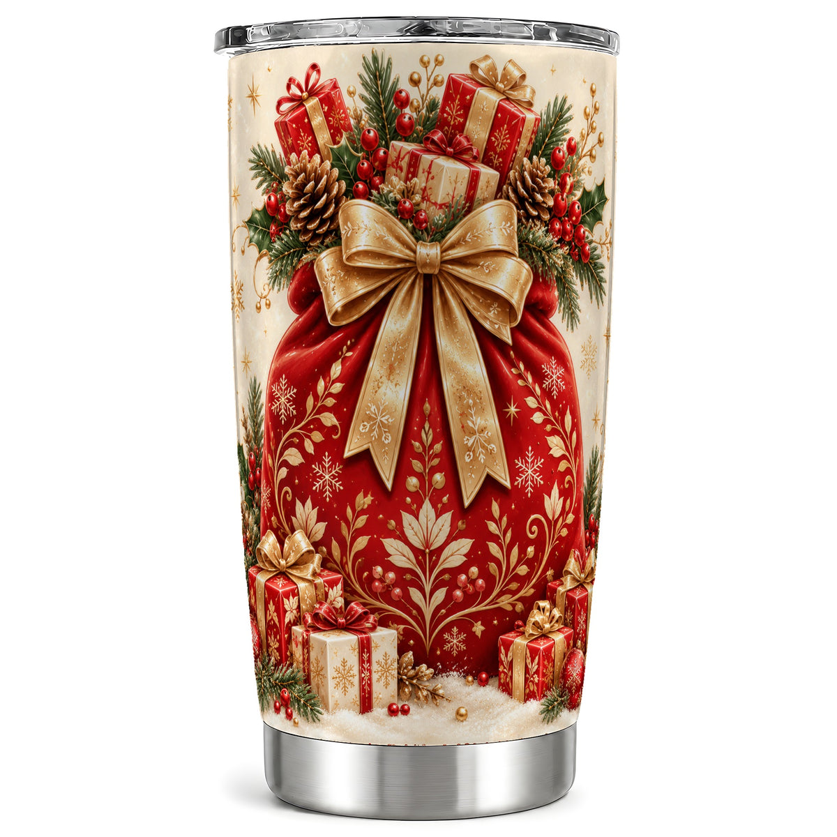 Red Sack Tumbler 20oz, Holiday Tumbler, Stainless Steel Travel Cup