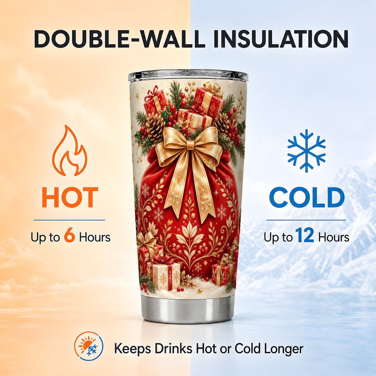 Red Sack Tumbler 20oz, Holiday Tumbler, Stainless Steel Travel Cup