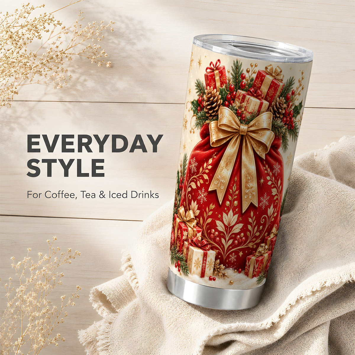 Red Sack Tumbler 20oz, Holiday Tumbler, Stainless Steel Travel Cup