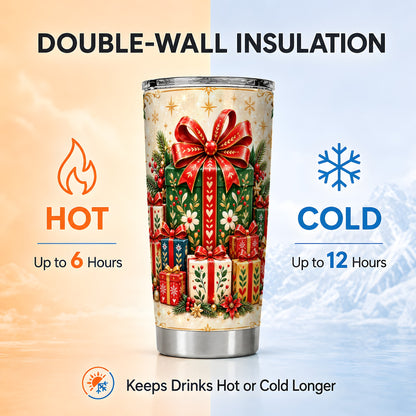 Present Stack Tumbler 20oz, Holiday Tumbler, Stainless Steel Travel Cup