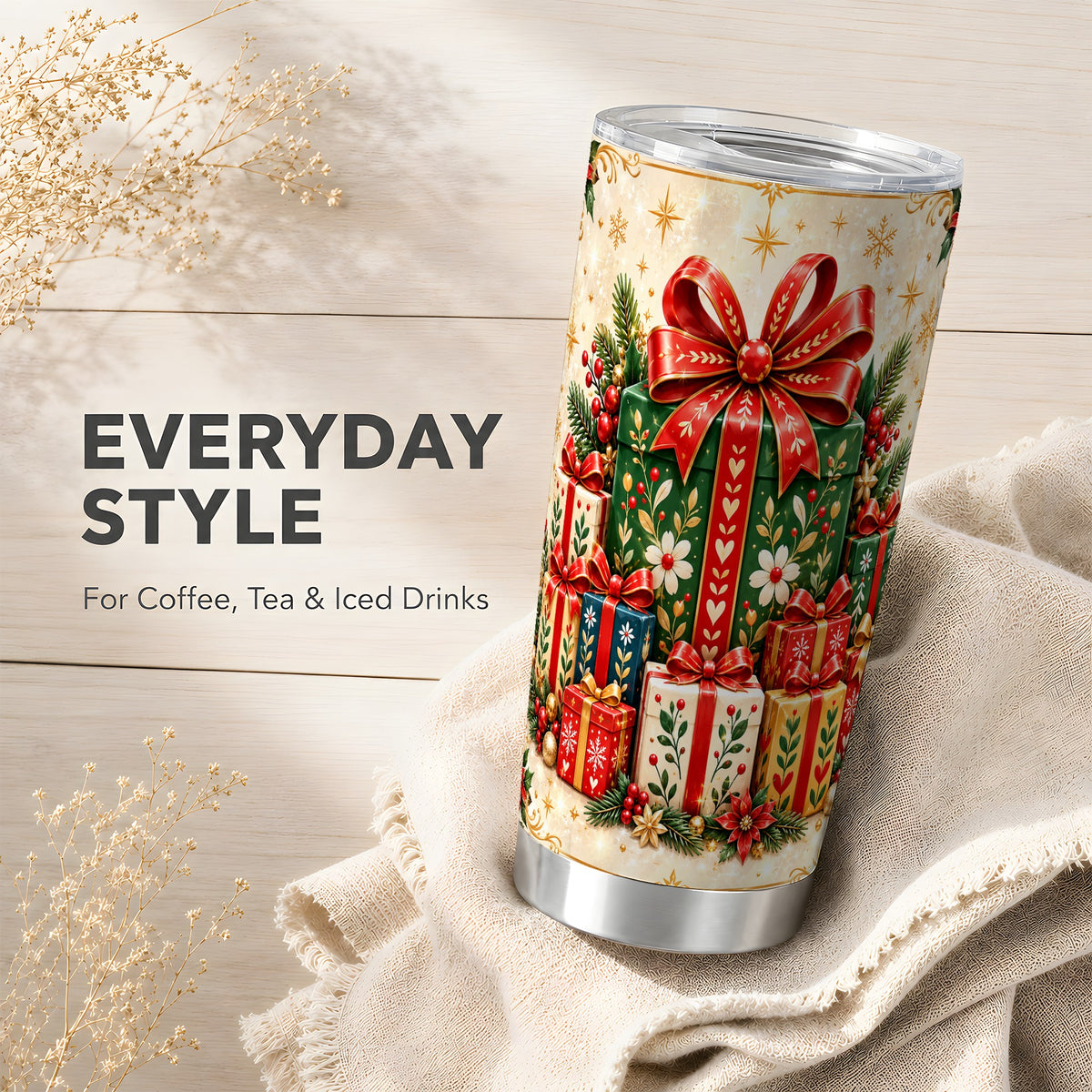 Present Stack Tumbler 20oz, Holiday Tumbler, Stainless Steel Travel Cup