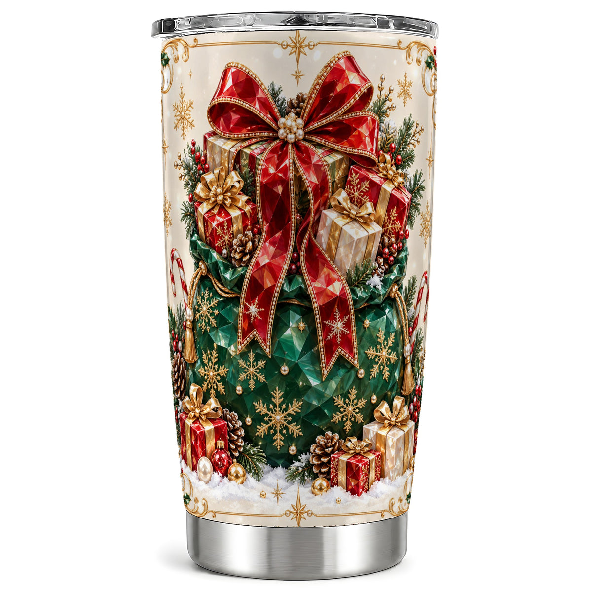 Christmas Present Sack Tumbler 20oz, Holiday Bow Stainless Steel Travel Cup