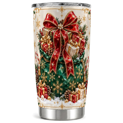 Christmas Present Sack Tumbler 20oz, Holiday Bow Stainless Steel Travel Cup