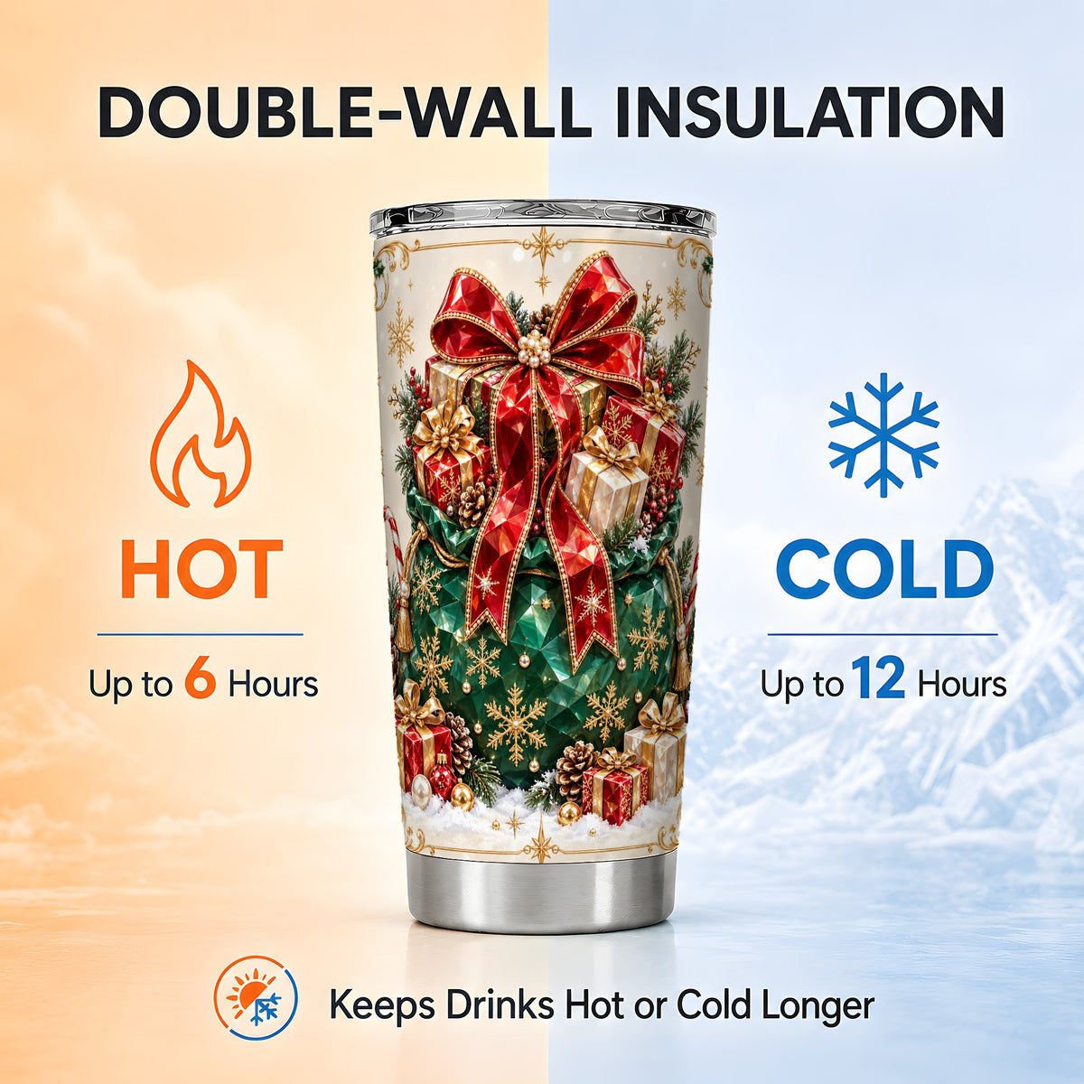 Christmas Present Sack Tumbler 20oz, Holiday Bow Stainless Steel Travel Cup