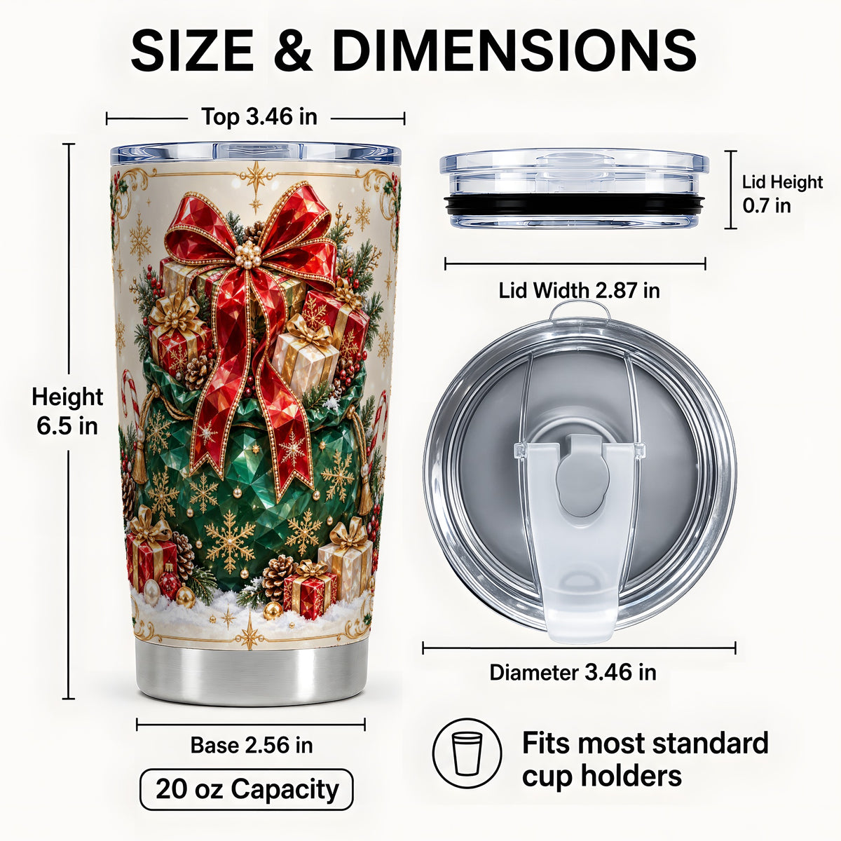 #pl[20oz|Steel] Christmas Present Sack Tumbler 20oz, Holiday Bow Stainless Steel Travel Cup