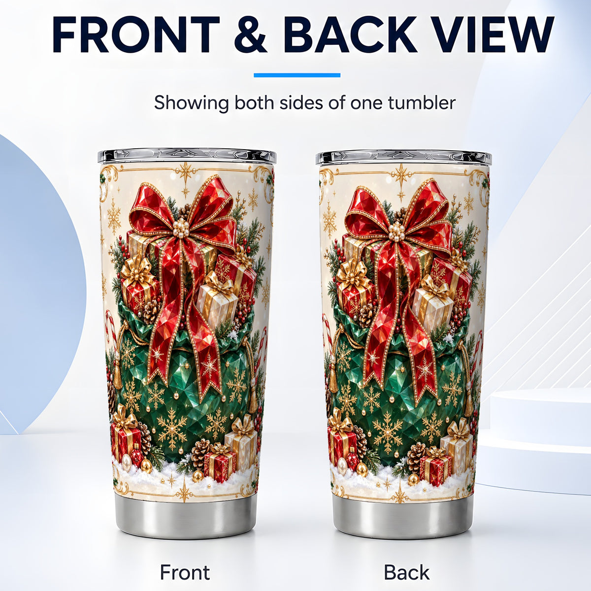#pl[20oz|Steel] Christmas Present Sack Tumbler 20oz, Holiday Bow Stainless Steel Travel Cup