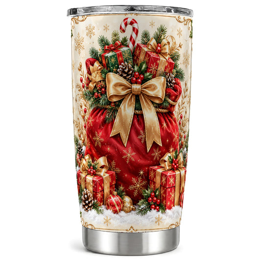 Red Christmas Sack Tumbler 20oz, Holiday Stainless Steel Travel Cup