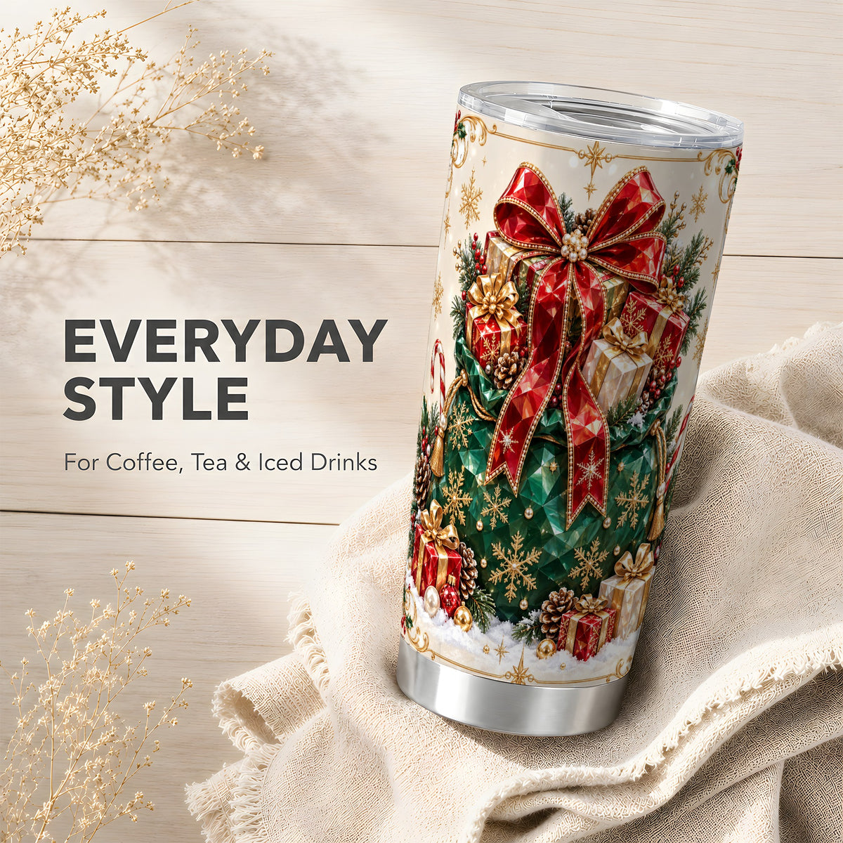 Christmas Present Sack Tumbler 20oz, Holiday Bow Stainless Steel Travel Cup