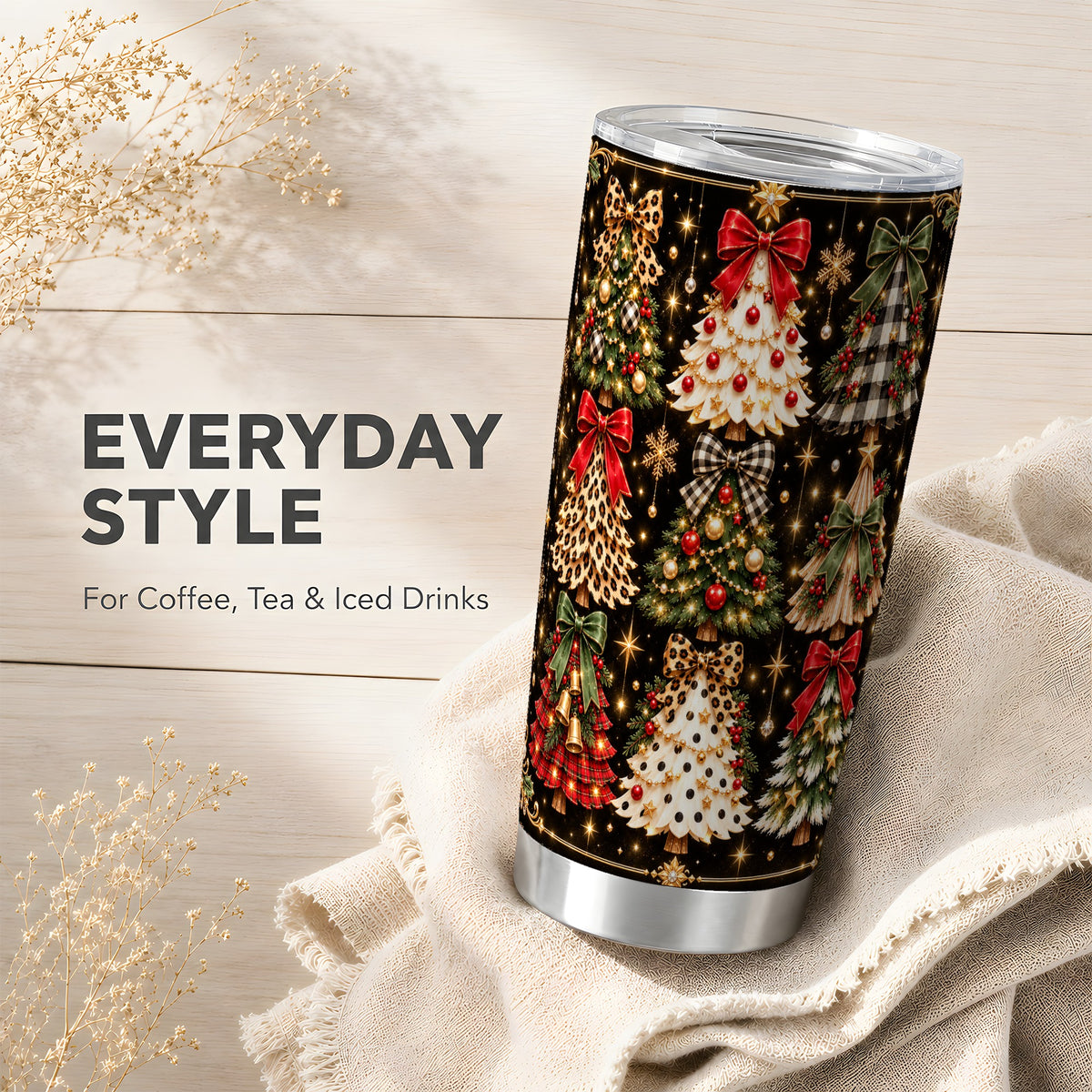 Plaid Trees Tumbler 20oz, Holiday Tumbler, Stainless Steel Travel Cup