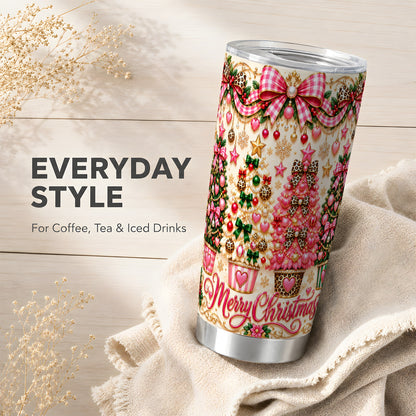 Pink Christmas Tumbler 20oz, Holiday Tumbler, Stainless Steel Travel Cup