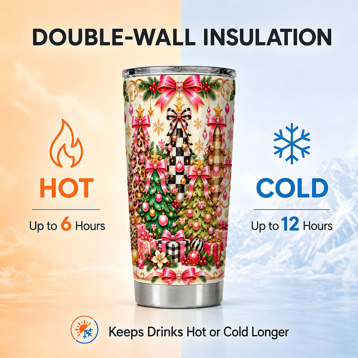 Patterned Tree Tumbler 20oz, Holiday Tumbler, Stainless Steel Travel Cup