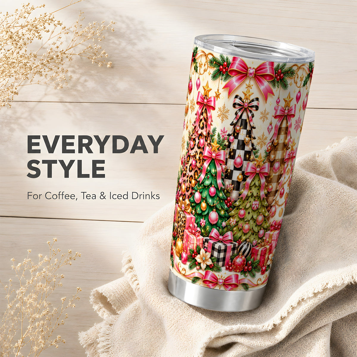 Patterned Tree Tumbler 20oz, Holiday Tumbler, Stainless Steel Travel Cup