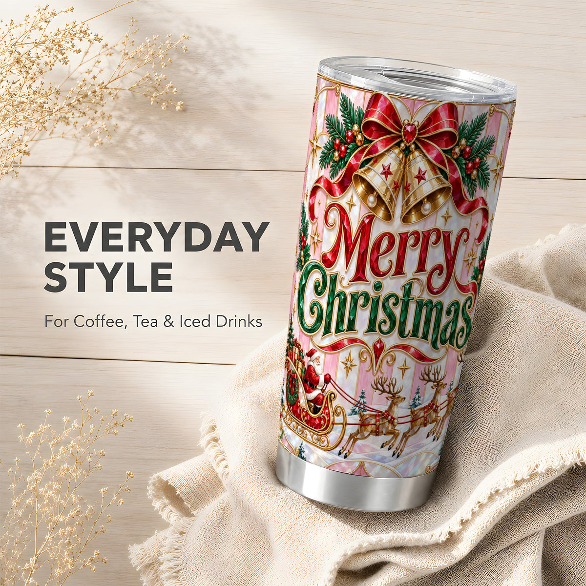 Santa Sleigh Tumbler 20oz, Holiday Tumbler, Stainless Steel Travel Cup