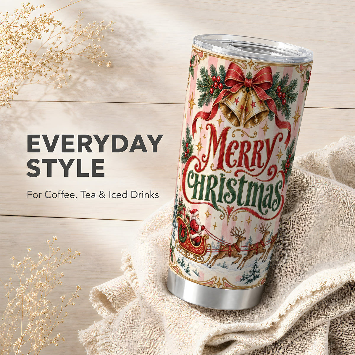 Vintage Santa Sleigh Tumbler 20oz, Holiday Tumbler, Stainless Steel Travel Cup