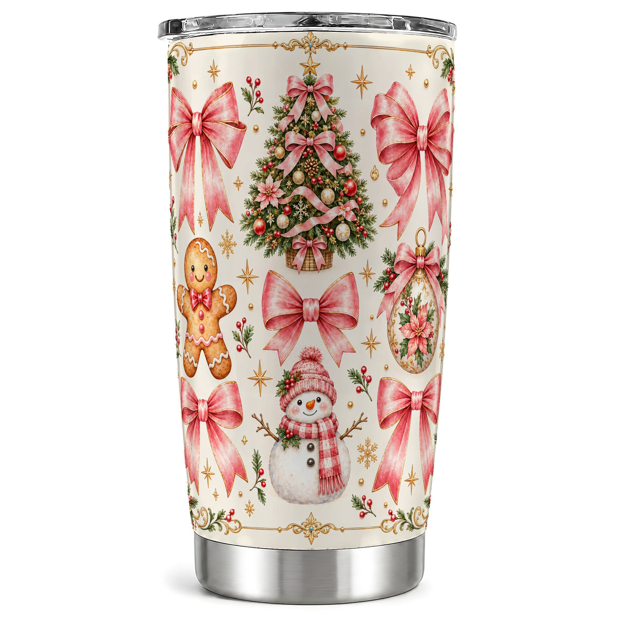 Pink Bow Tumbler 20oz, Gingerbread Tumbler, Stainless Steel Travel Cup
