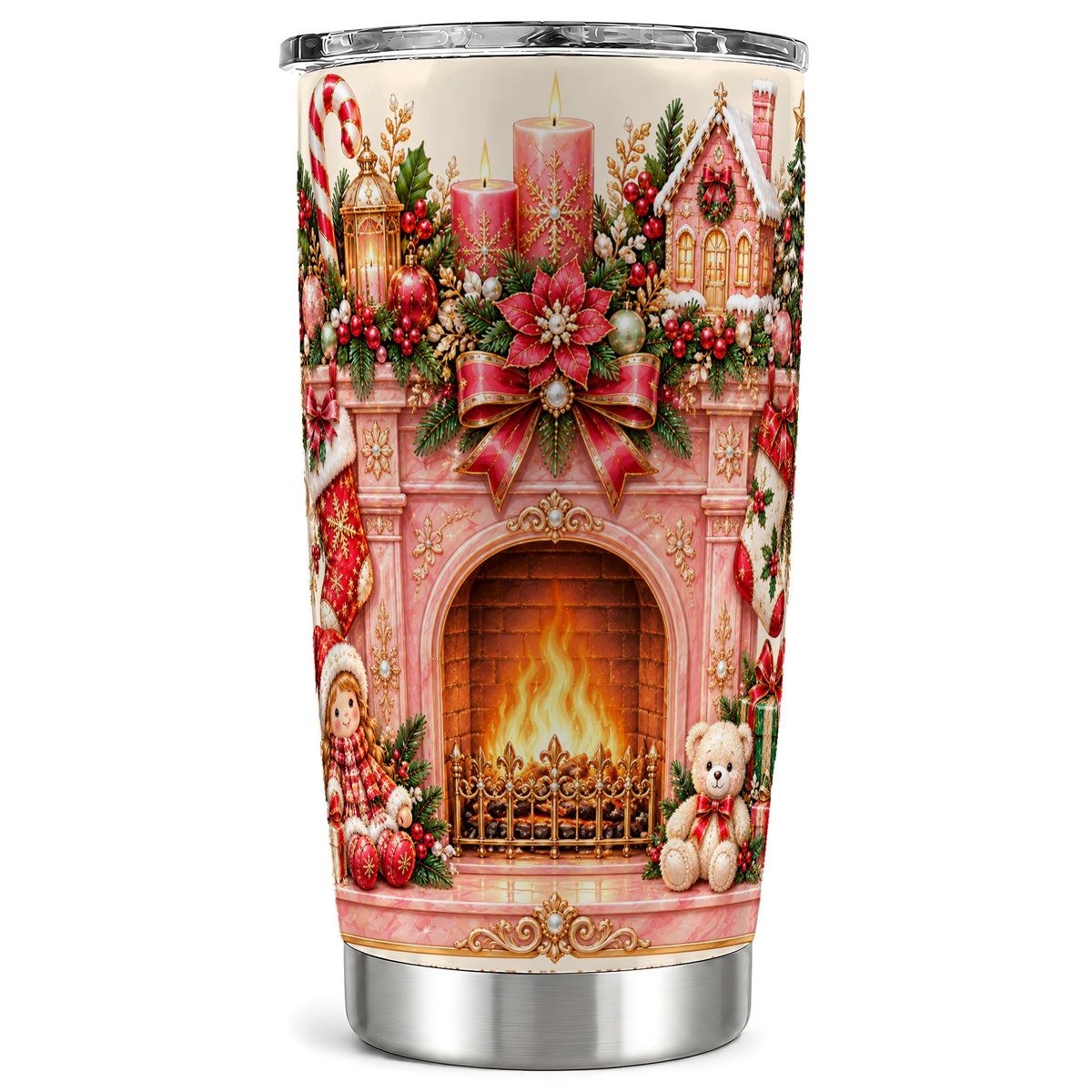 Pink Fireplace Tumbler 20oz, Christmas Tumbler, Stainless Steel Travel Cup